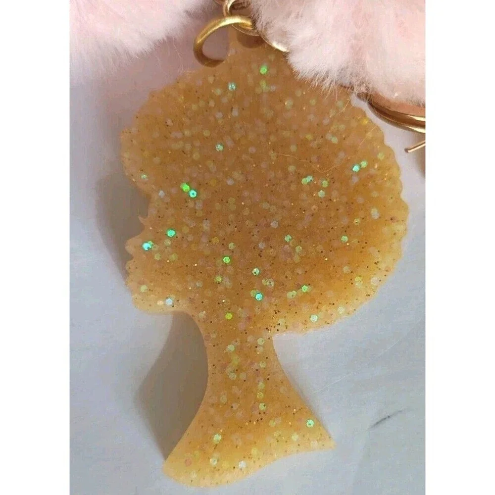 Afro Women Custom Glitter Keychain With Heart Pom Pom  Lobster Clasp Handmade